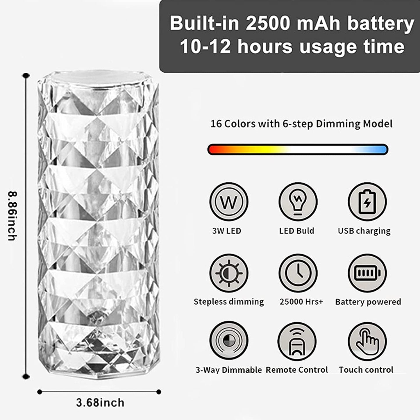 DesiDiya® Crystal Lamp,16 Color Changing Rose Crystal Diamond Table Lamp,USB Rechargeable Touch Bedside Lamp Night Light with Remote Control, for Bedroom Living Room Party Dinner Decor