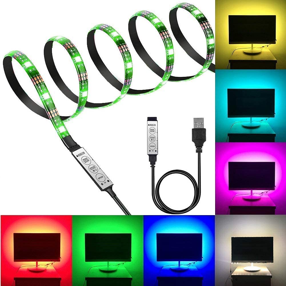Desidiya® USB 5V 5050 RGB LED Flexible Strip Light Multi-Color Changing Lighting Kit, TV Background Lighting with Mini Controller for TV PC Laptop Bias Lighting (1 Meter for TV's Upto 28")