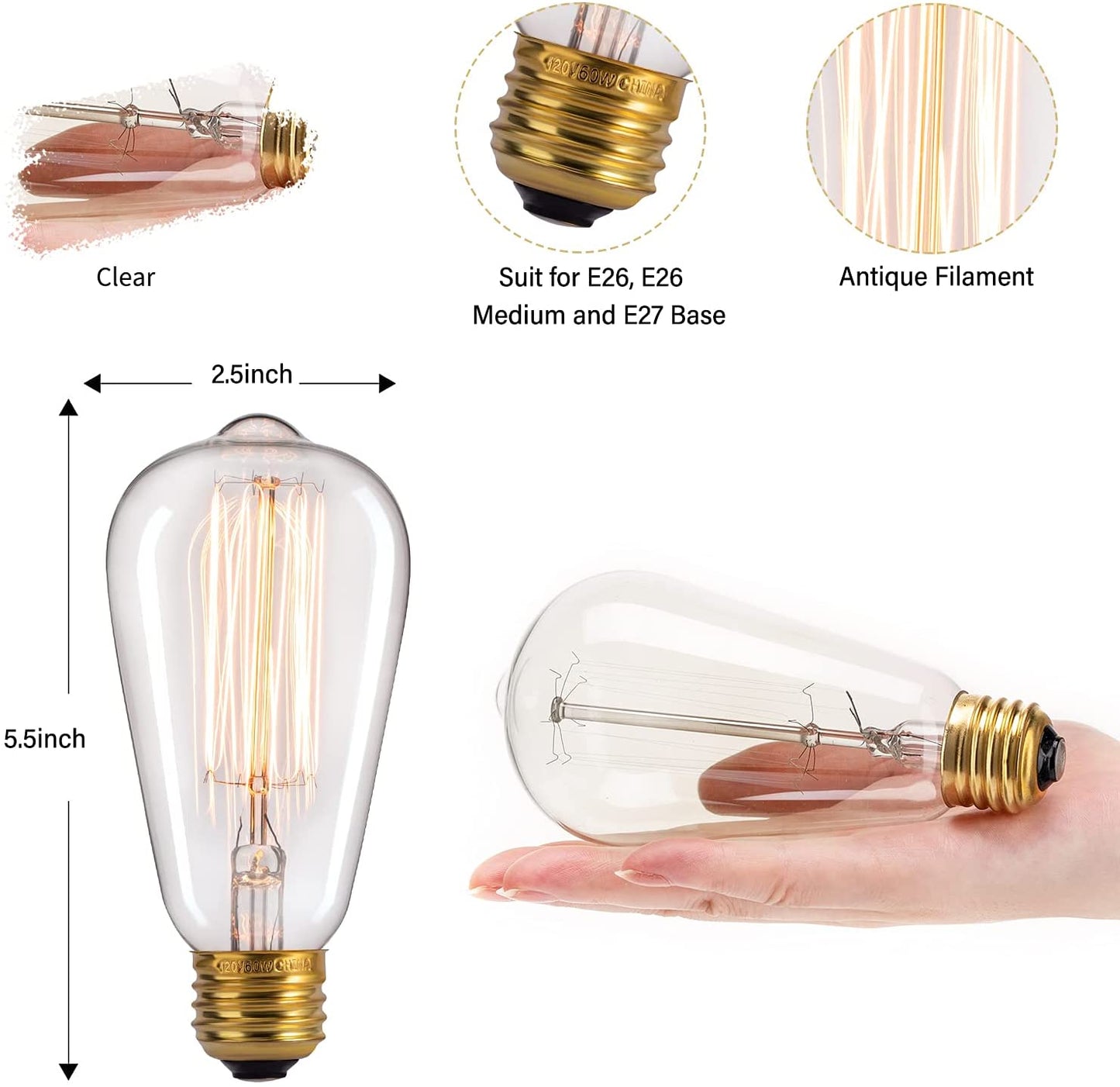DesiDiya® Edison Tungsten Filament Antique Glass Light Bulbs