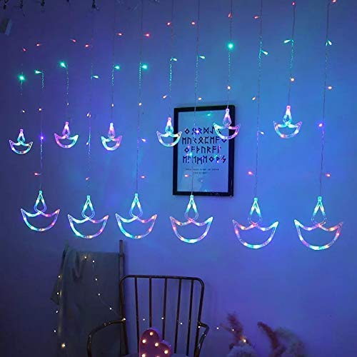 DesiDiya® Multicolor Diya/Diwali Light Curtain, String Lights with 12 Hanging Diyas, 8 Flashing Mode