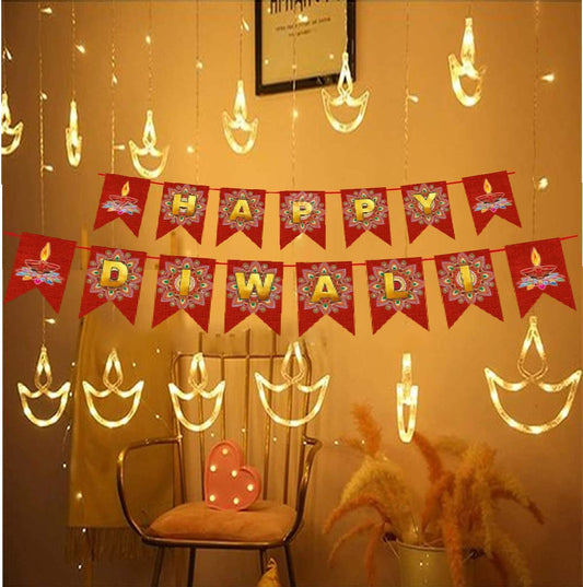 DesiDiya® Warm White Diya/Diwali Light Curtain, String Lights with 12 Hanging Diyas, 8 Flashing Modes