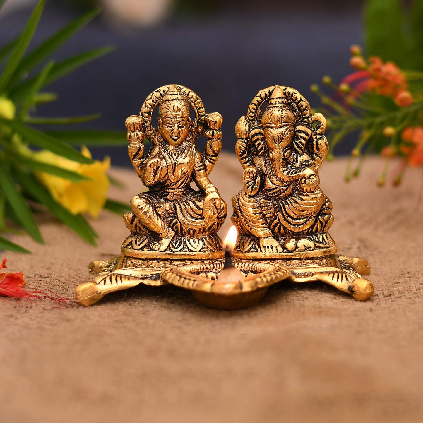 DesiDiya® Laxmi Ganesh Idol Showpiece with Diya/Lord Idol with Diya/Diwali Home Decoration Items/Lakshmi Ganesh for Diwali Puja
